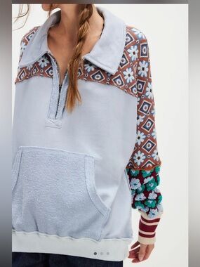 Women Free People WE THE FREE Mod About You Pullover Sweatshirt-Blue Combo-XL